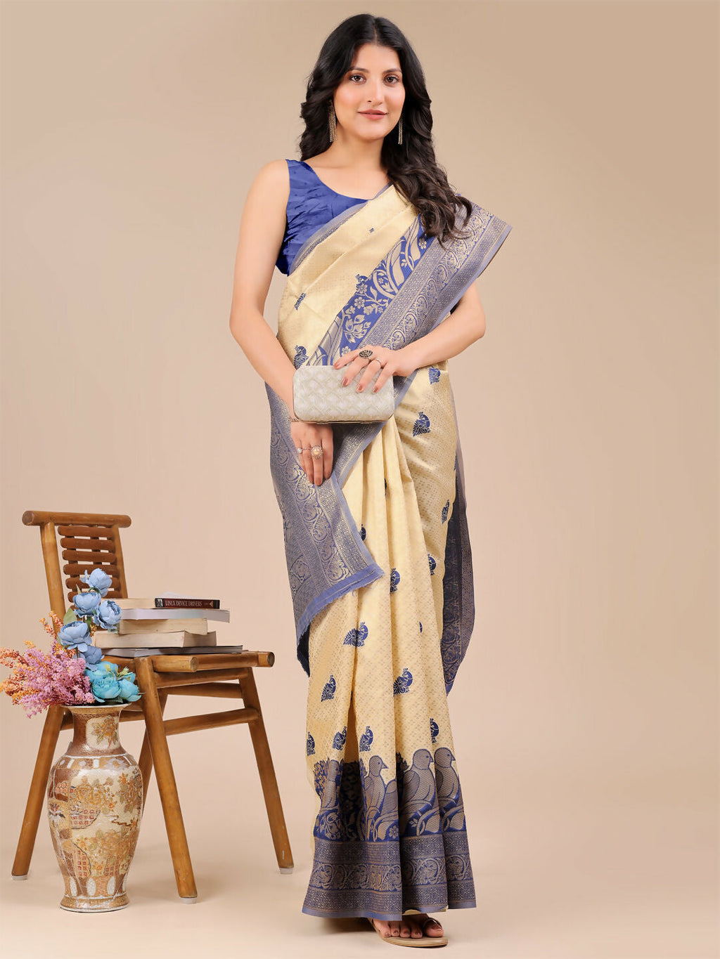 Banarasi Silk Saree in Cream and Navy Blue with Matching Blouse