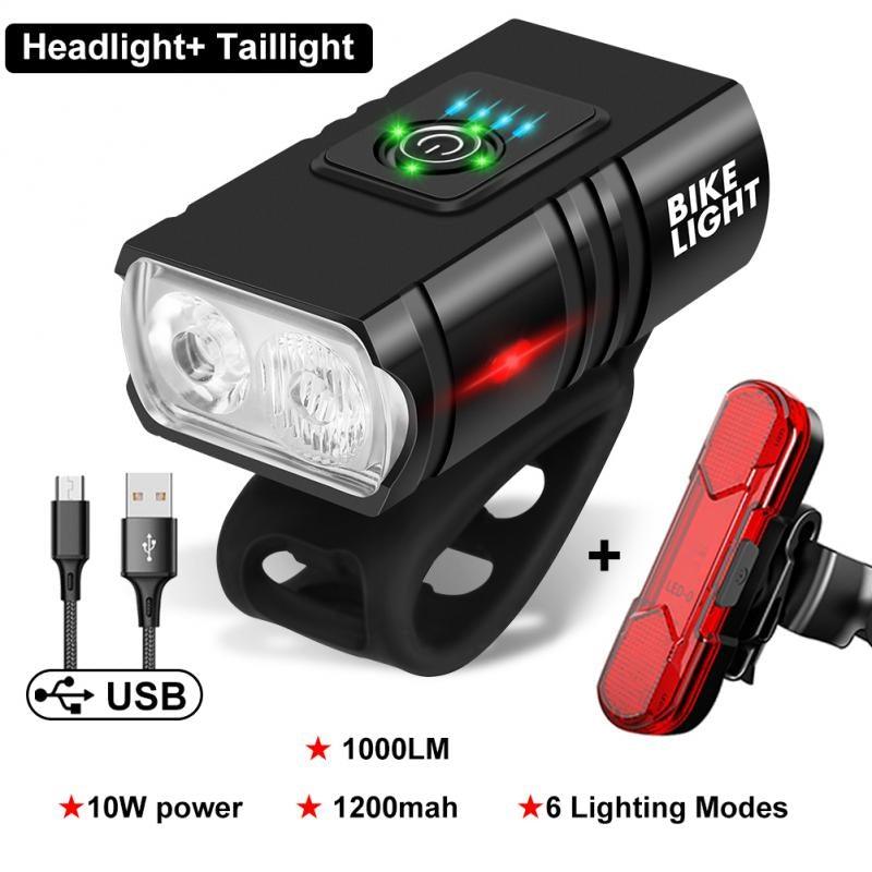 Stevvex 2-piece USB rechargeable LED bike light set for front and rear use on mountain or road bikes.
