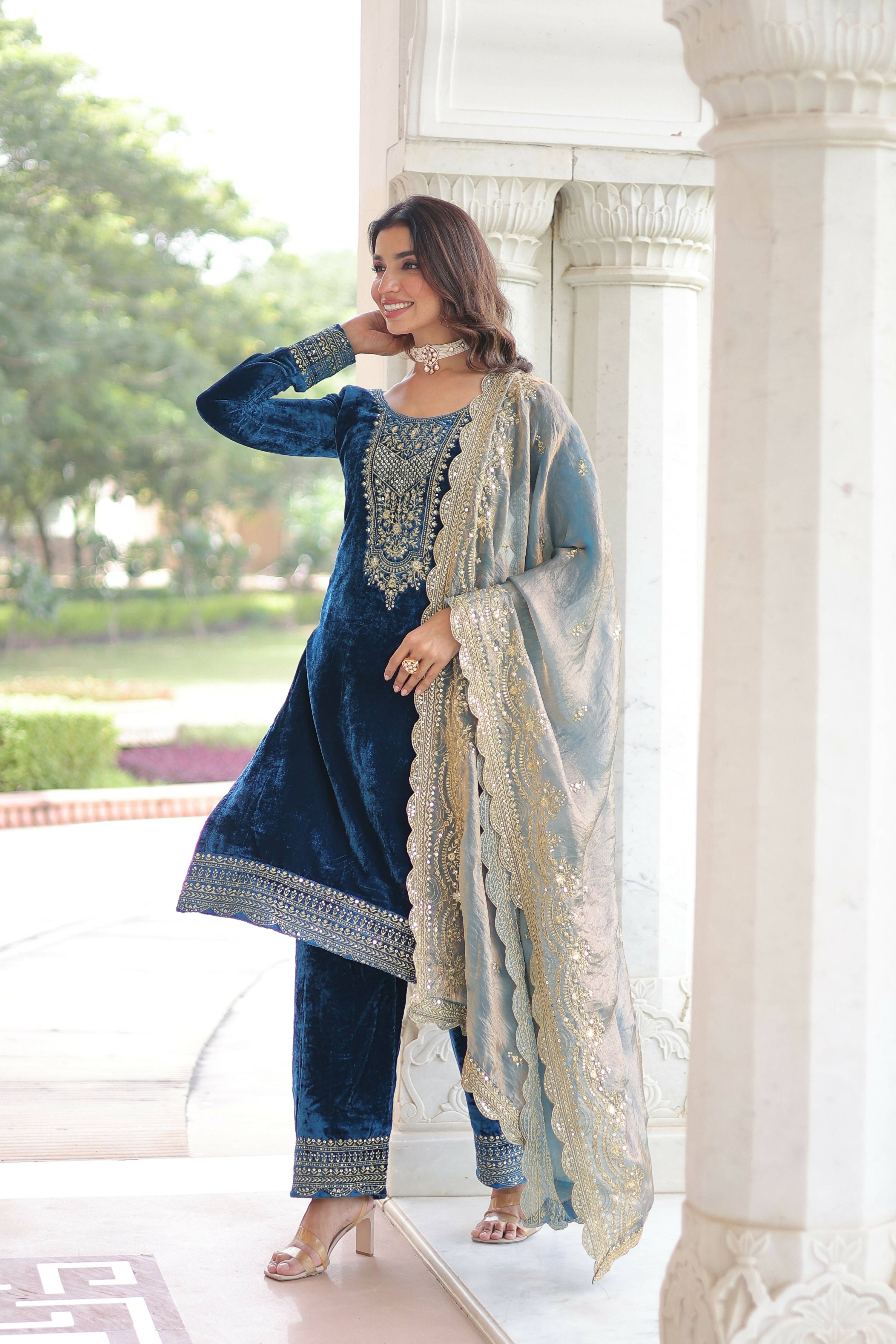 Joban Fashion Blue Readymade Kurta Set With Sequence embroidery Work