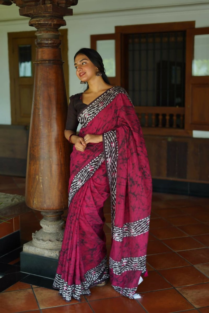 Rani Pink Pure Chanderi Cotton Batik Printed Saree