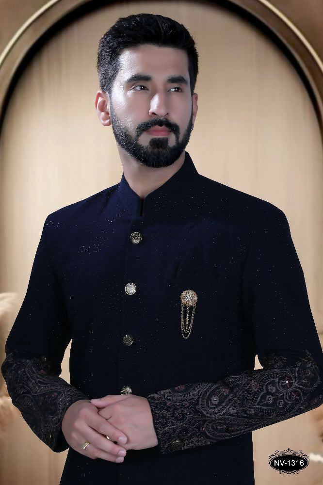 Boys Blue TR Kurta and Pyjama Set with Thread-Work