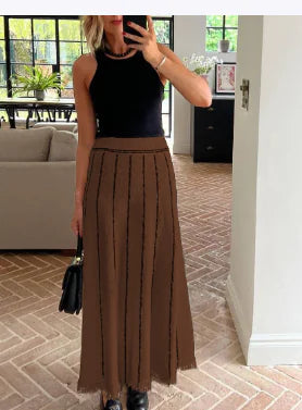 Women's Striped Knit Maxi Skirt with Fringed Hem Details - Image 6