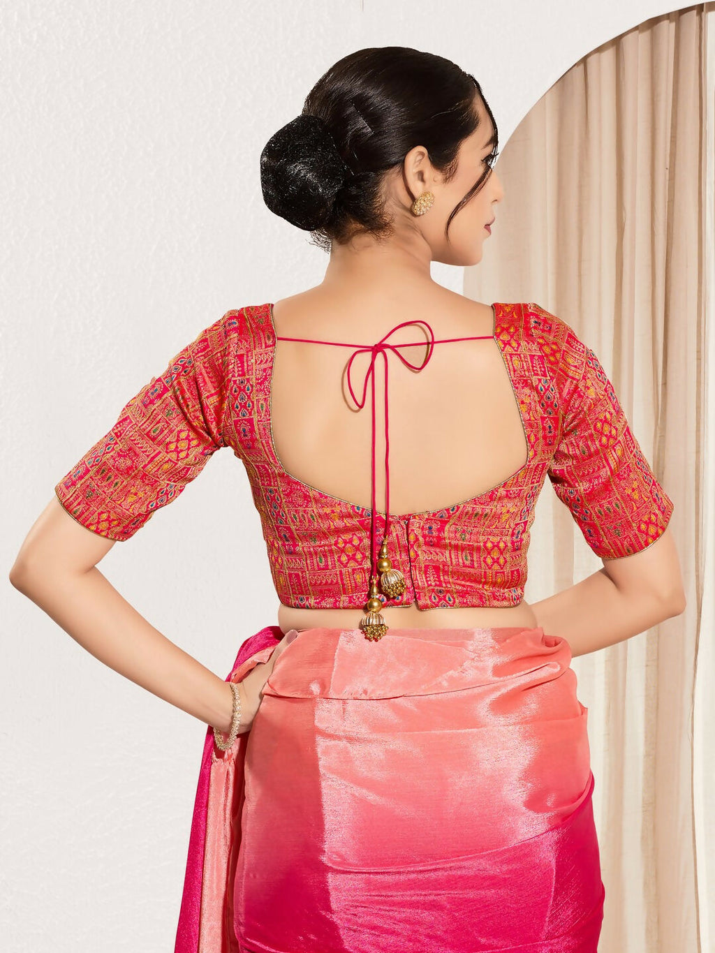Red Brocade Padded Blouse with Round Neck and Elbow Sleeves