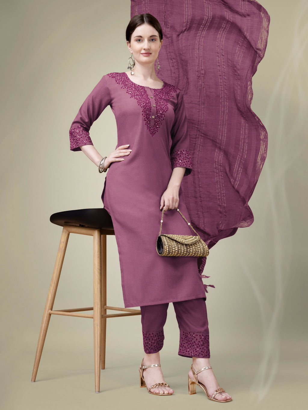 Onion Pink Embroidered Cotton Blend Straight Kurta Set with Dupatta