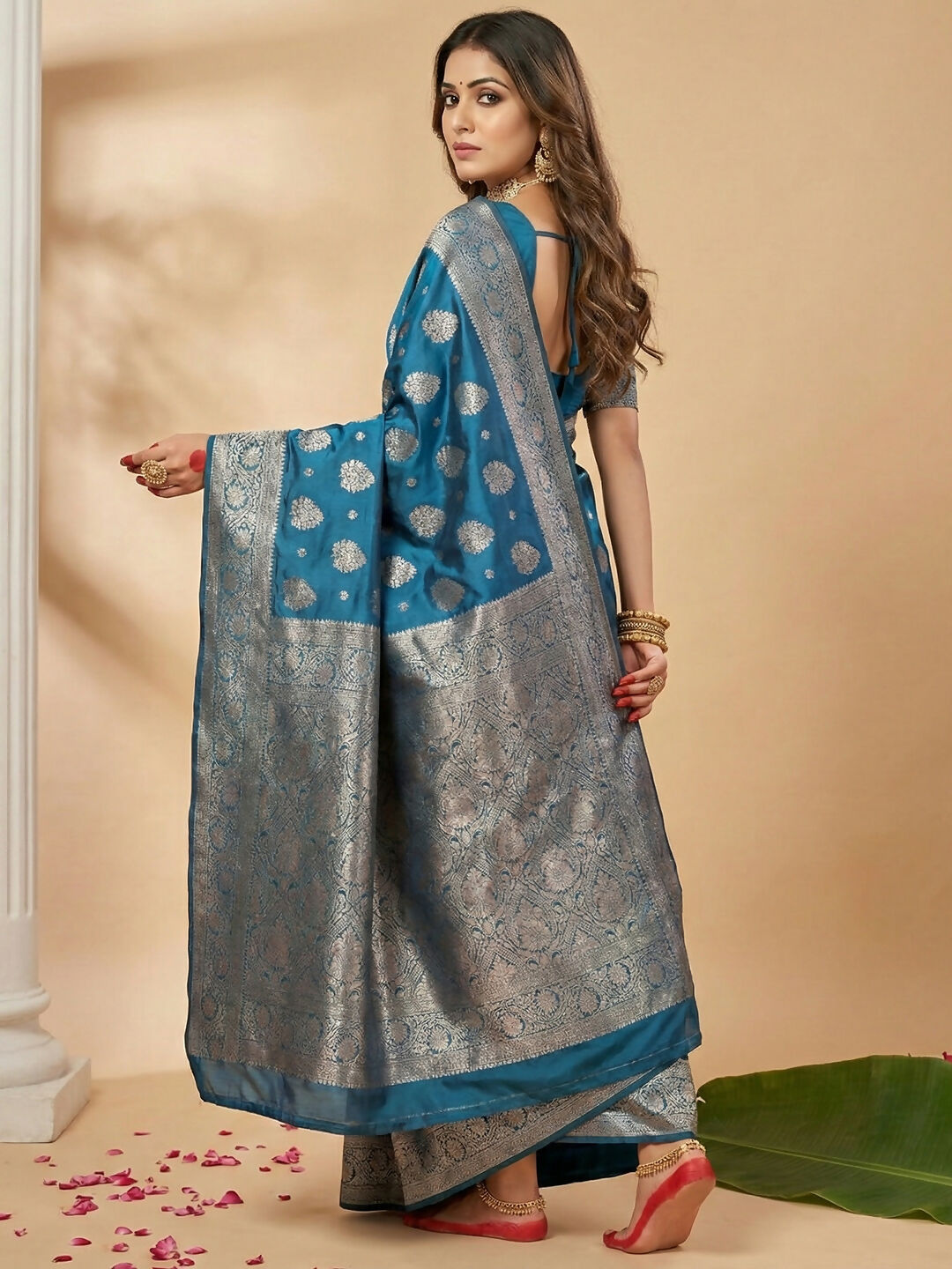 Teal Blue Silk Blend Saree with Matching Blouse Piece