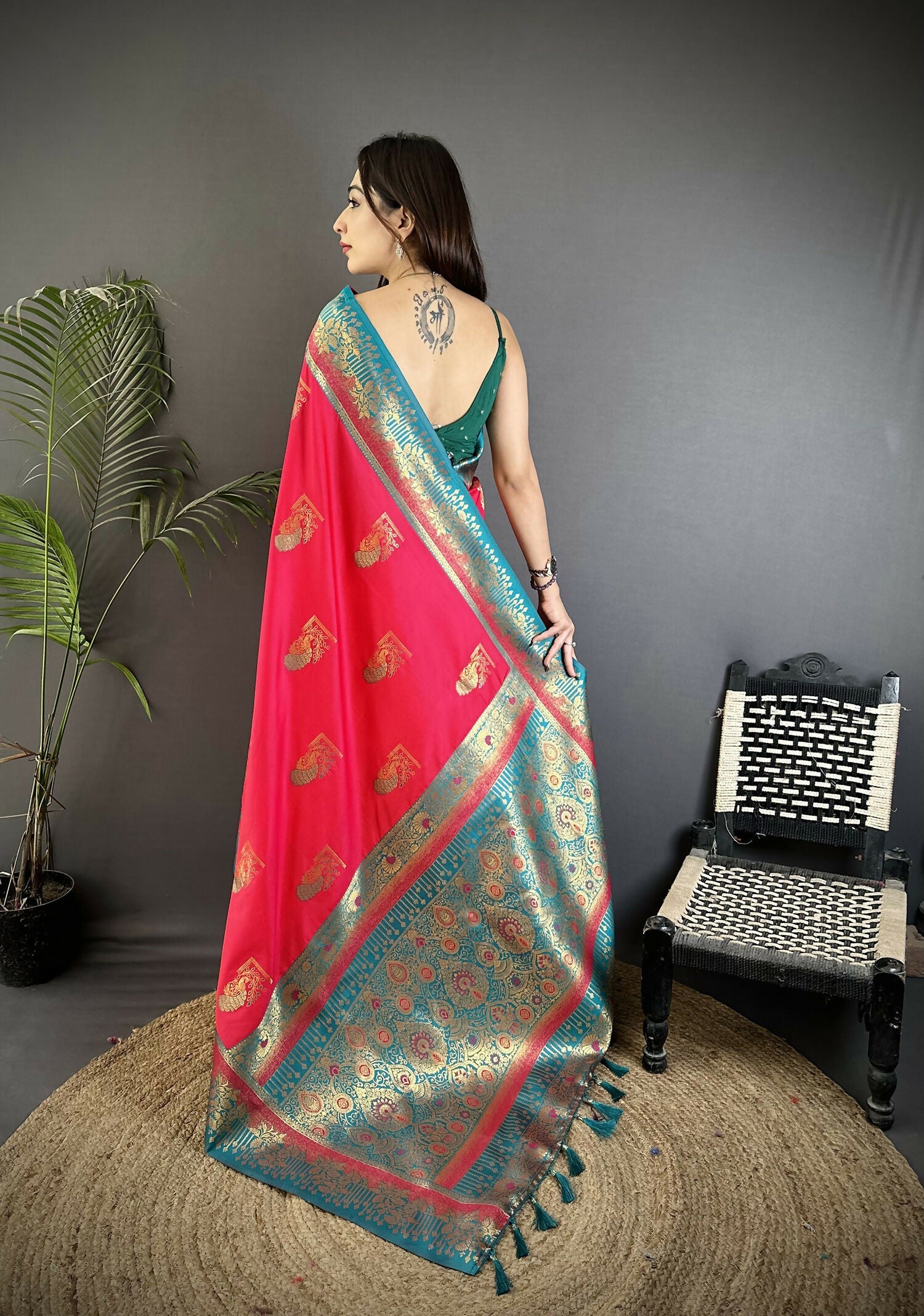 Hot Pink Banarasi Soft Silk Saree with Peacock Butta