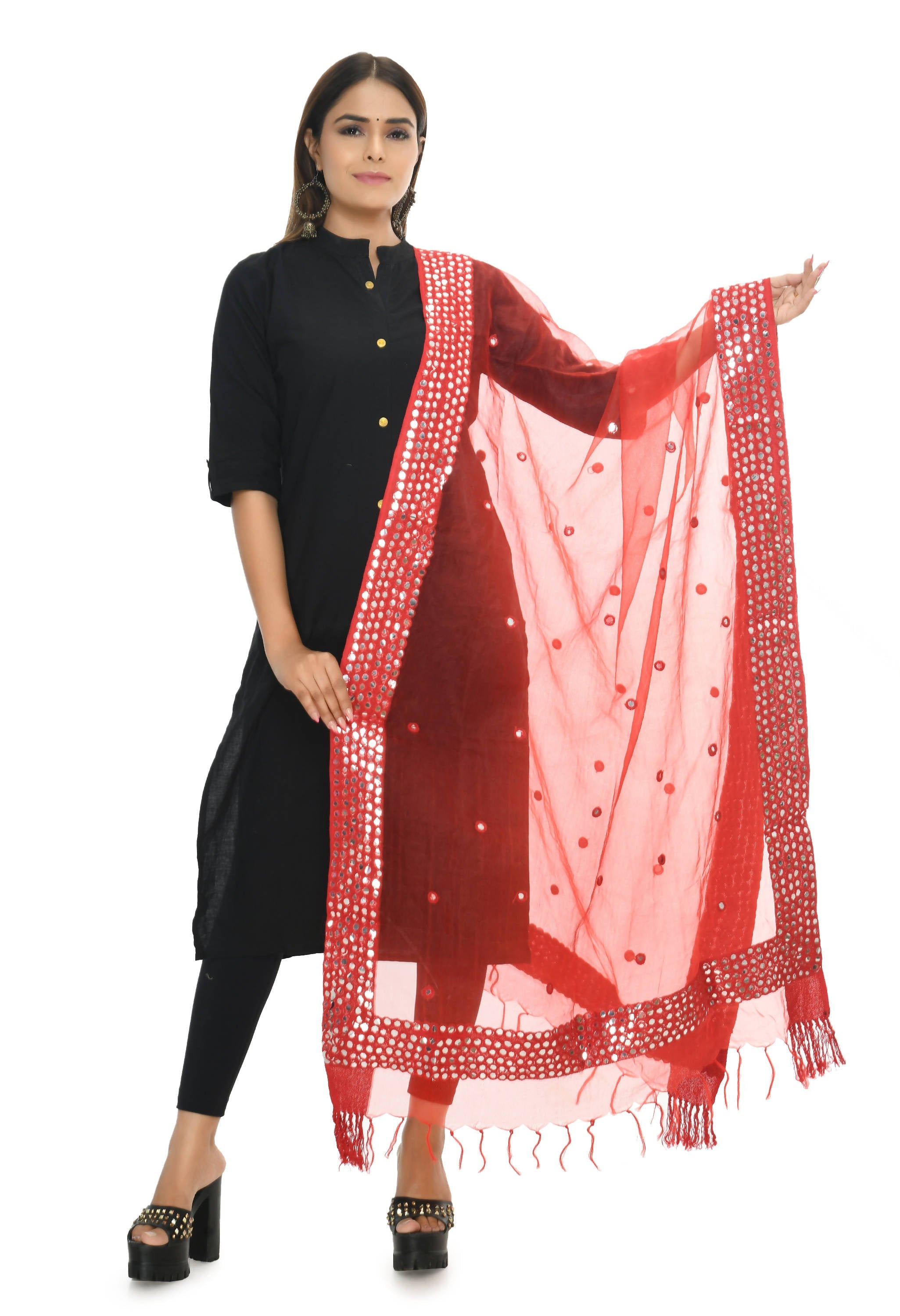Red Dupatta with 6 Line Mirror Border - Organza Cotton