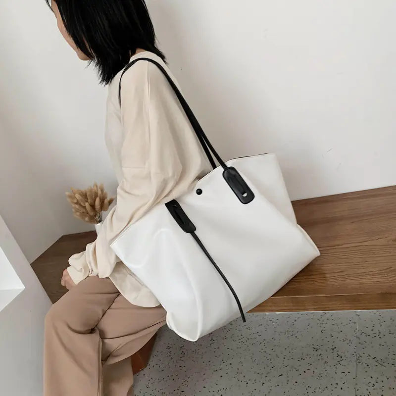 Women's Large PU Leather Shoulder Bag With Matching Pouch - Image 2