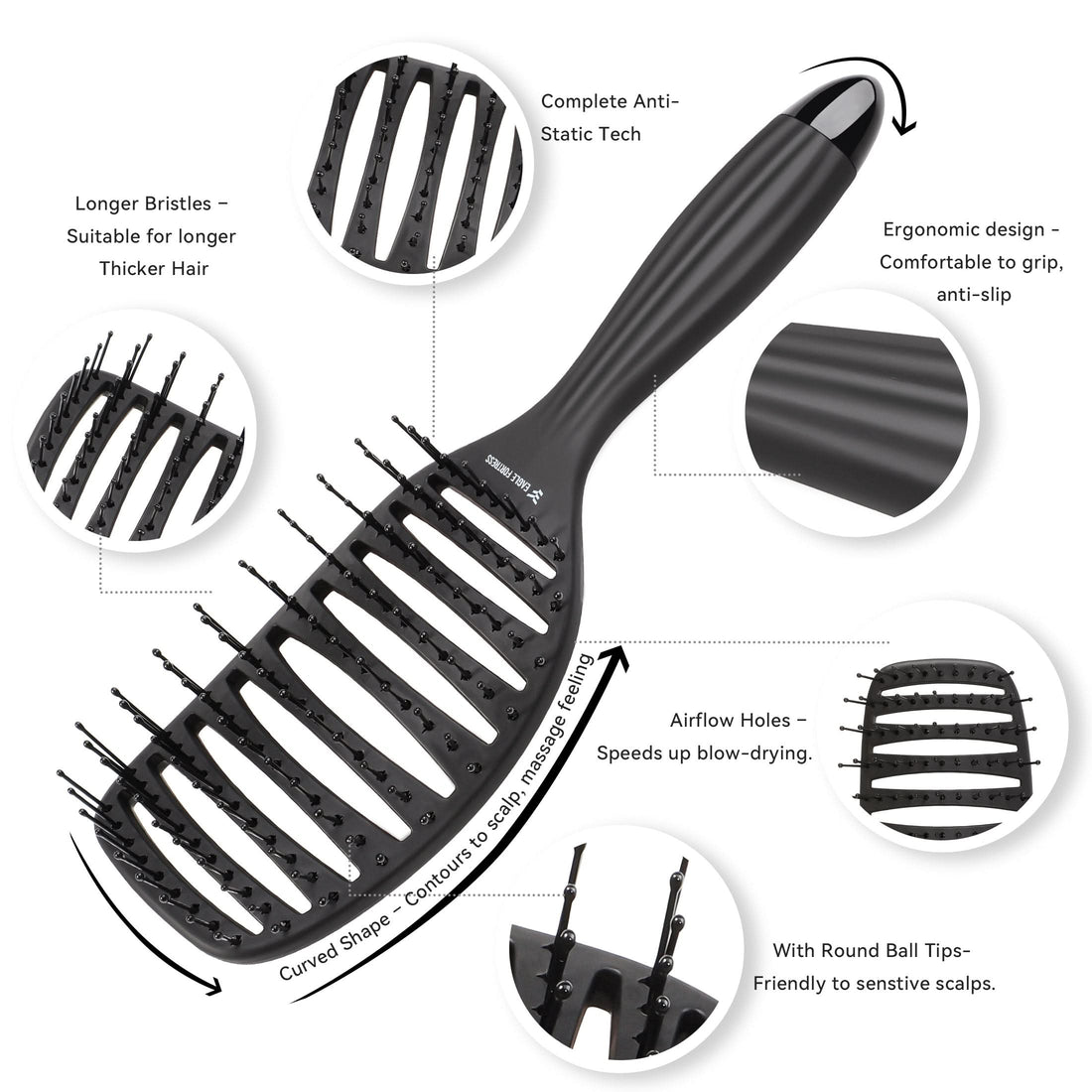 Professional Curved Vented Hair Brush with Anti-Static Bristles