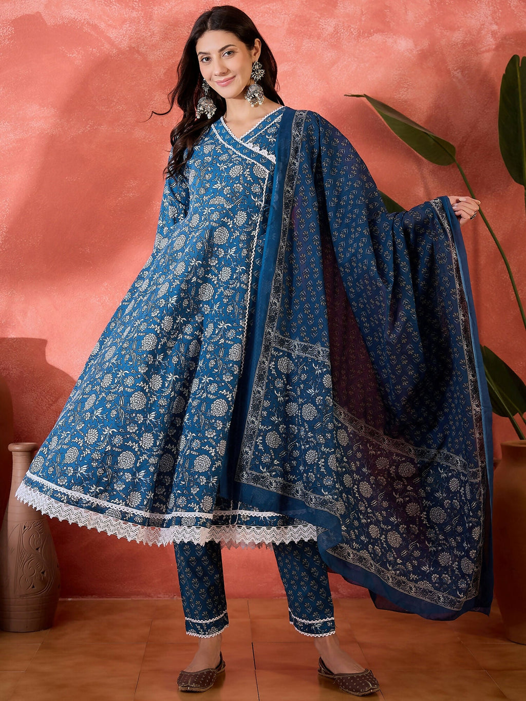 Women's Printed Blue Pure Cotton Kurta Set