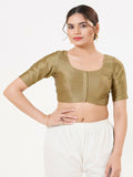 Fitted copper taffeta silk sleeveless blouse with scoop neck and front hook-eye closure