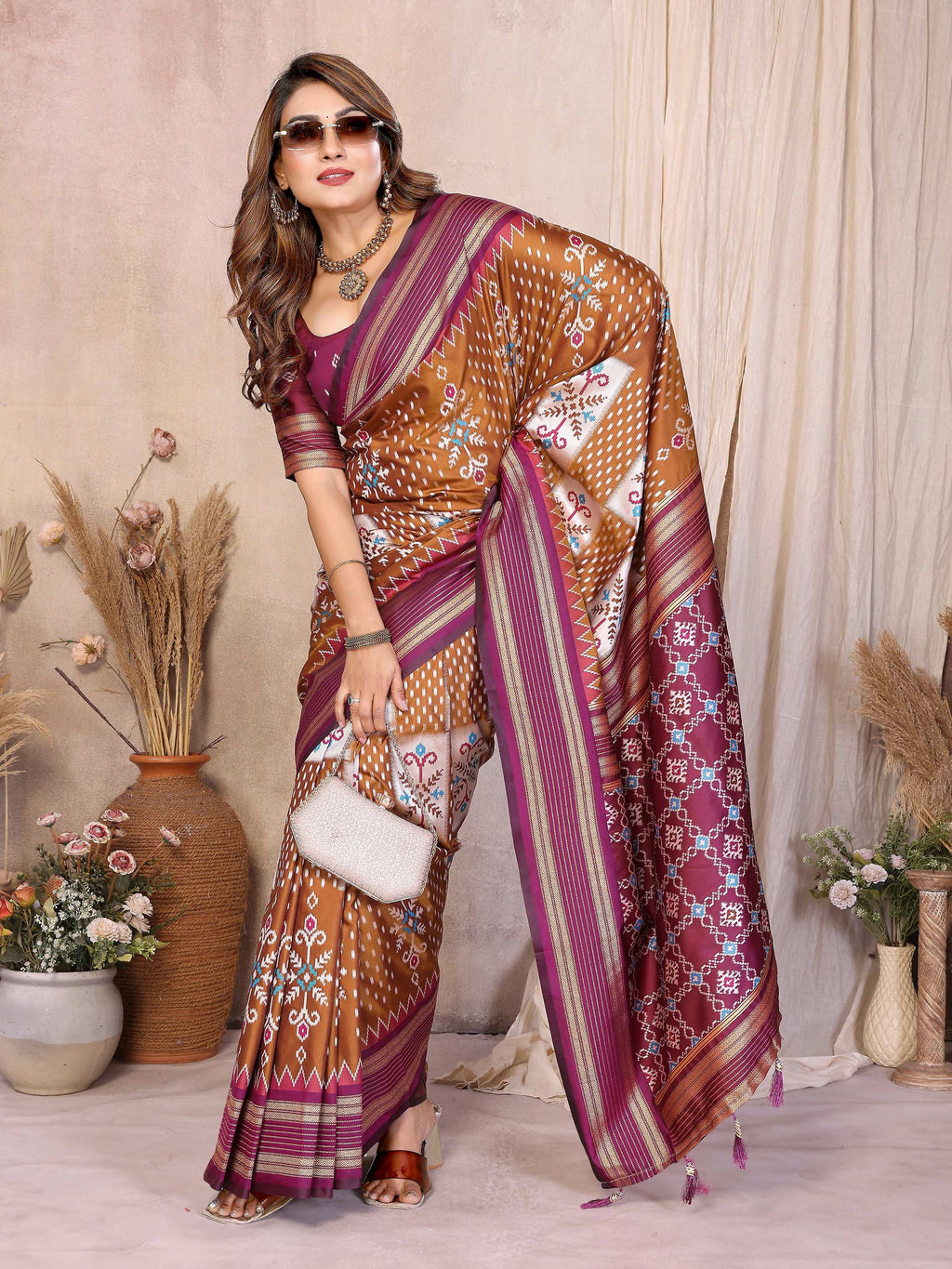 Mustard Soft Silk Weaving Saree with Contrast Wine Blouse