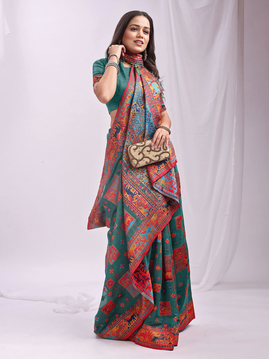 Rama Green Linen Cotton Saree with Matching Blouse Piece