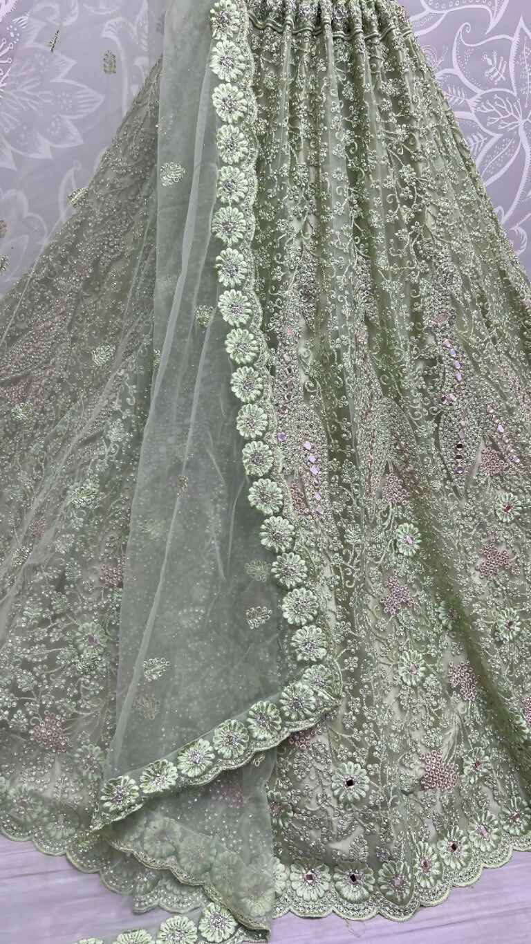 Pista Green Bridal Net Lehenga Choli with Mirror and Diamond Work