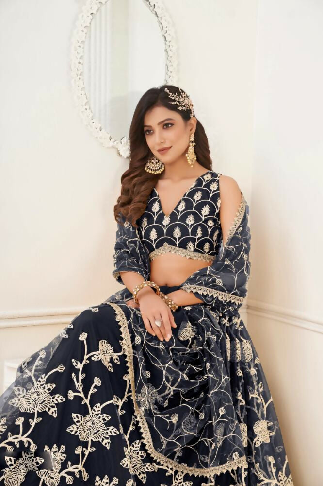Black Butterfly Net Lehenga Choli with Cotton Thread Embroidery