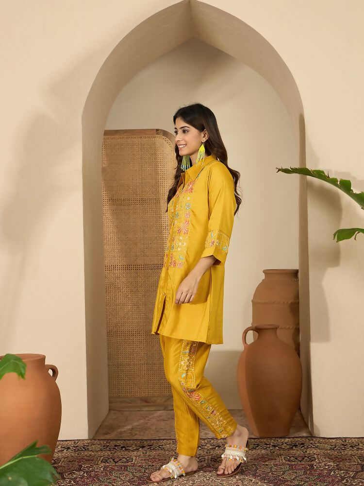 Mustard Roman Silk Embroidered Kurta Set with Shirt Collar