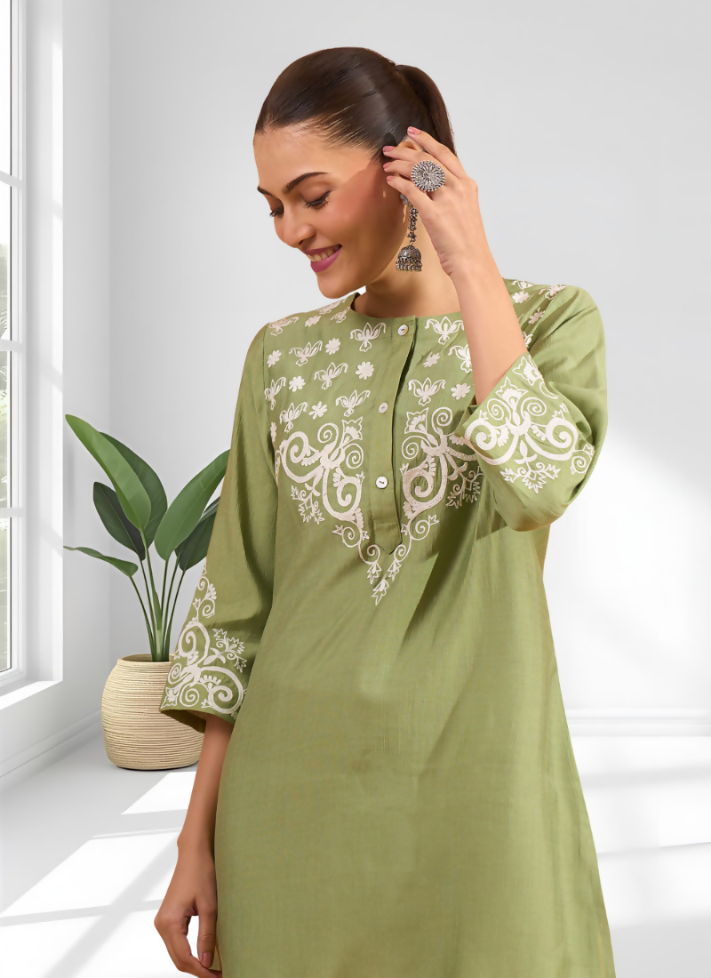Green Silk Embroidered Readymade Tunic for Festive Occasions