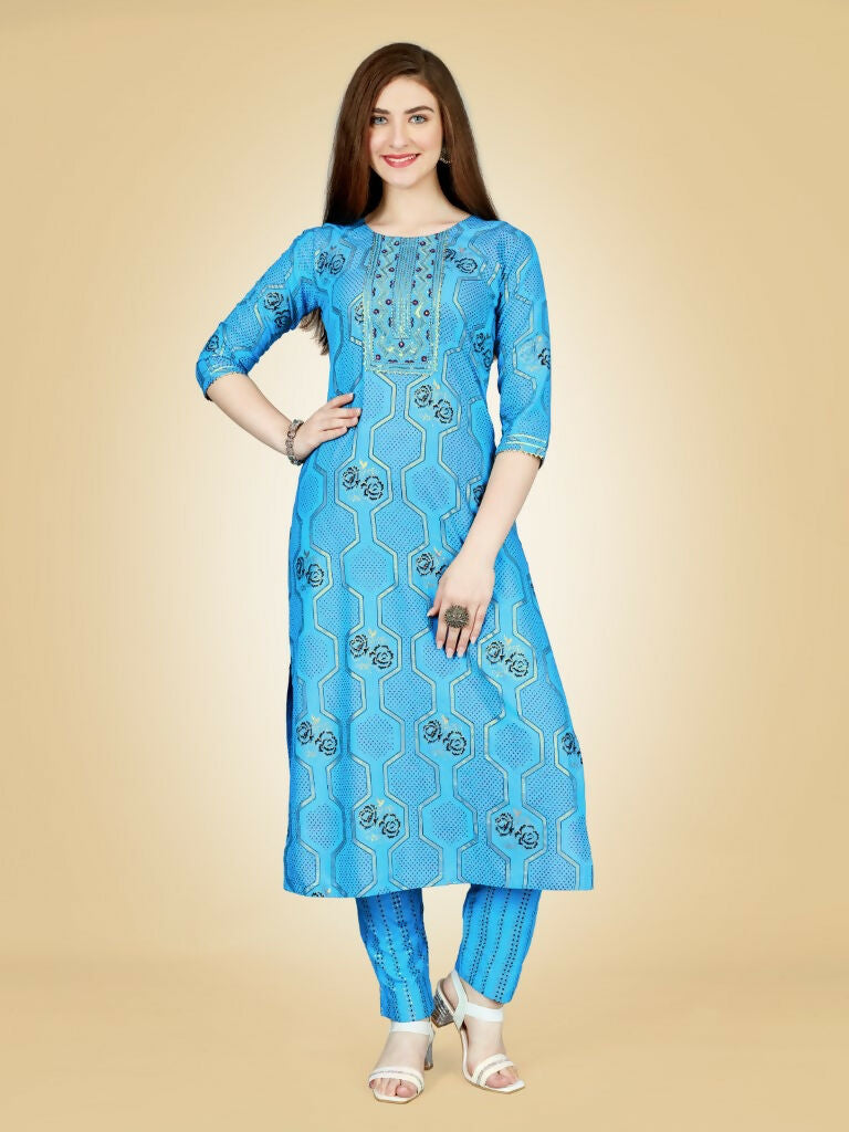 Women's Sky Blue Embroidered Viscose Rayon Kurta Pant Set