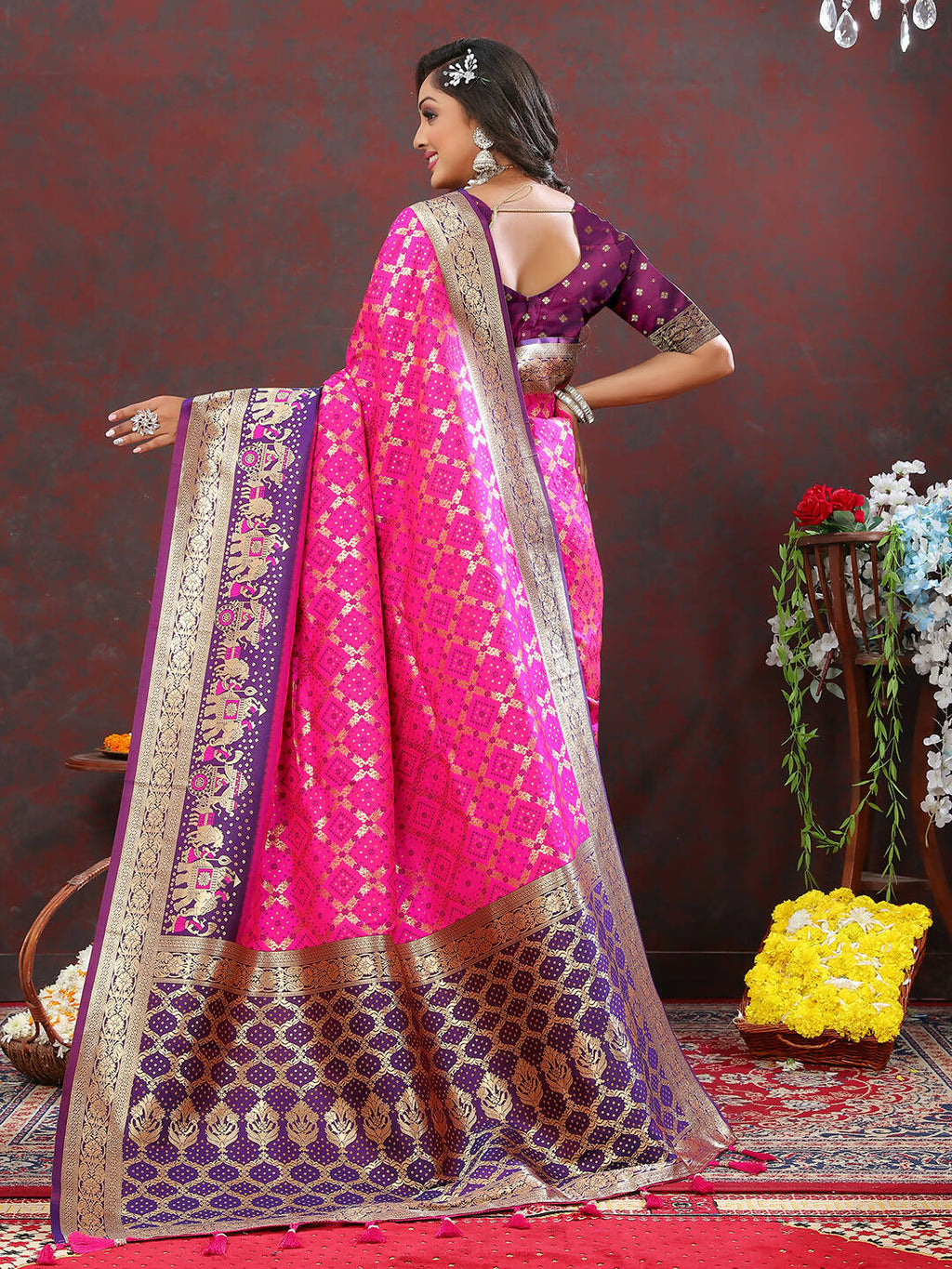 Magenta & Wine Patola Silk Saree with Meenakari Weaving