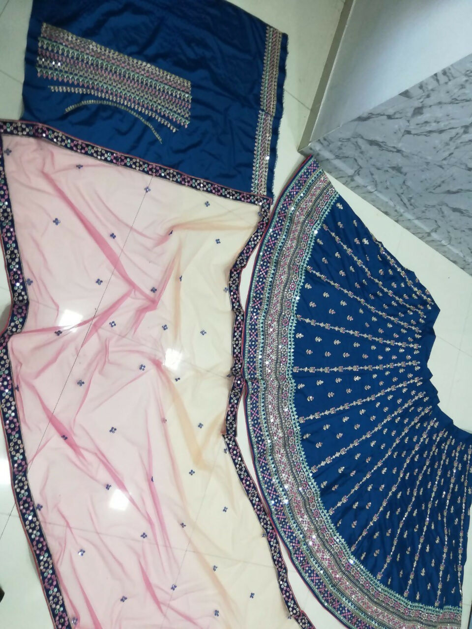 Blue Chinon Lehenga Choli with Sequins Zari Thread Embroidery