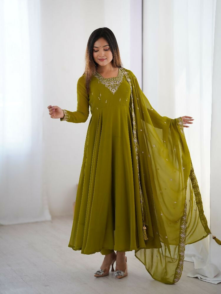 Mehndi Olive Green Kurta Set with Sequence Embroidery Work