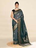 Joban Fashion Grey & Black Plain With Weaving Border Banarasi Silk Sarees