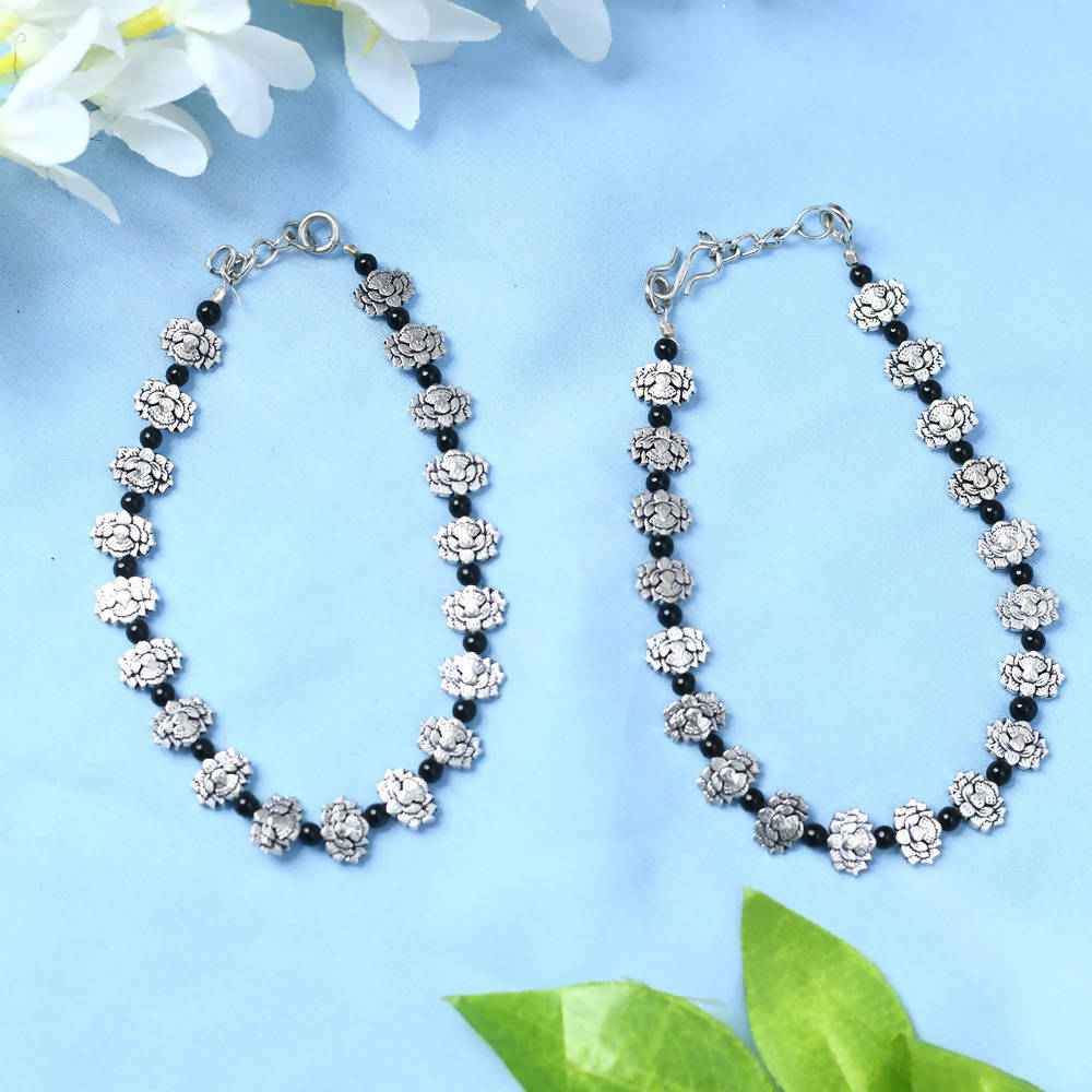 Oxidised Silver Anklets with Black Beads