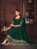 Jyoti Fashion Women's Golden & Bottle Green Georgette Embroidered Anarkali Kurta Pant Set With Dupatta