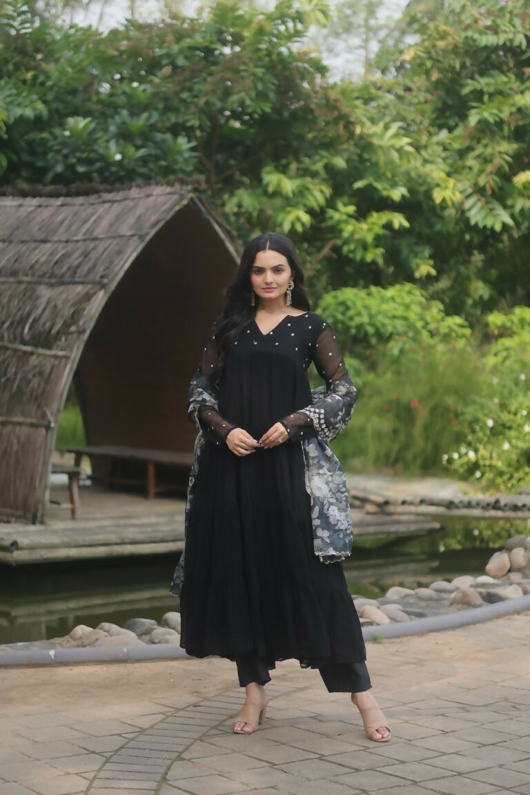Women's Black Faux Blooming Butti Work Kurta Set with Dupatta