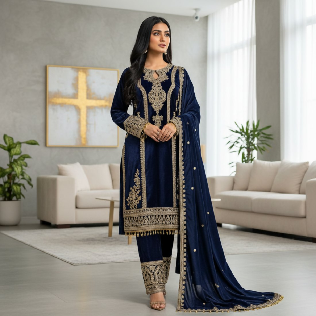 Blue Velvet Kurta Set with sequence embroidery work