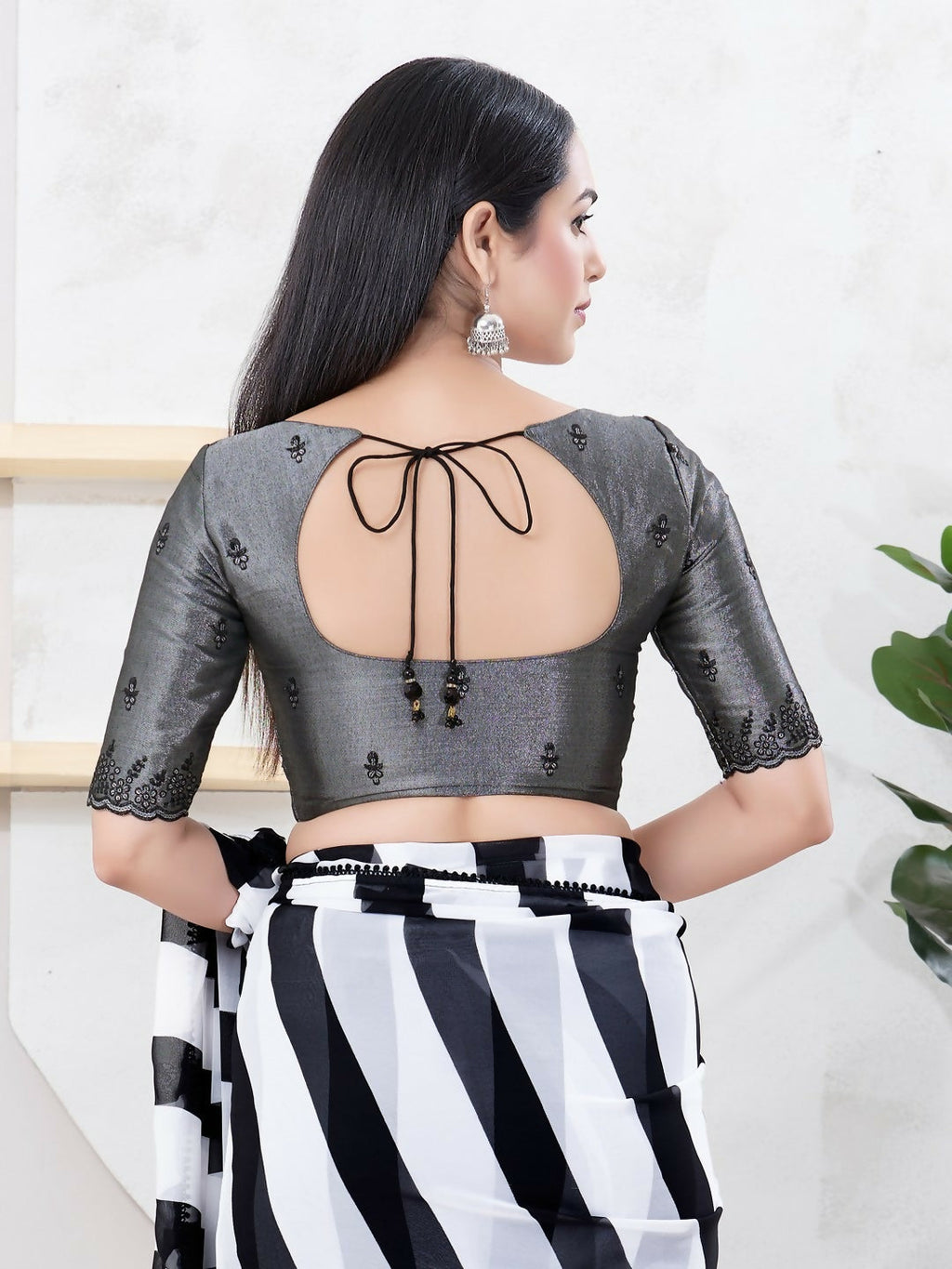 Black Shimmer Fabric Elbow Sleeve Front Open Round Neck Blouse