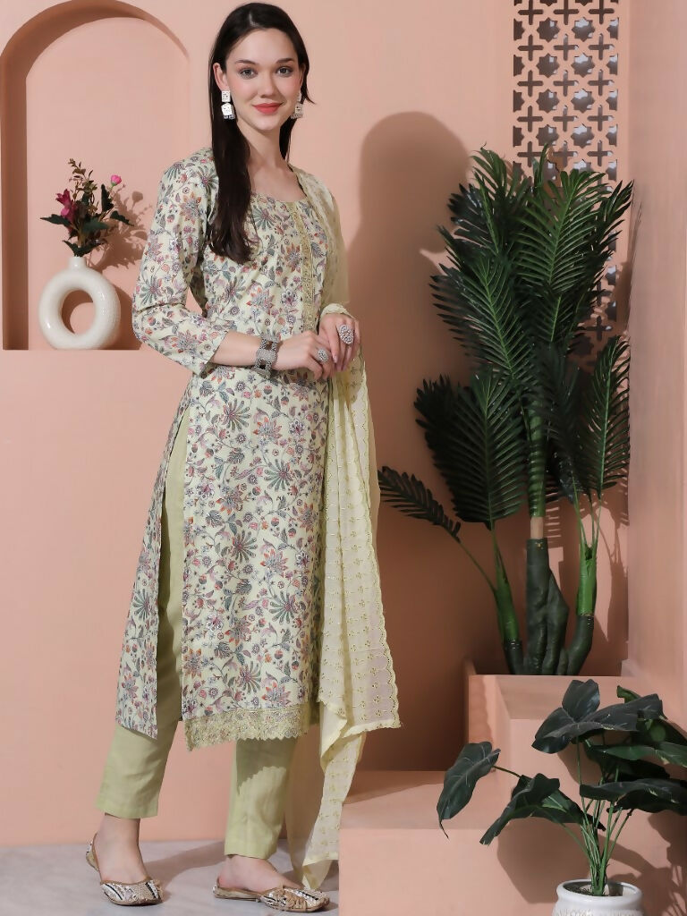 Green Cotton Floral Print Straight Kurta Set with Dupatta