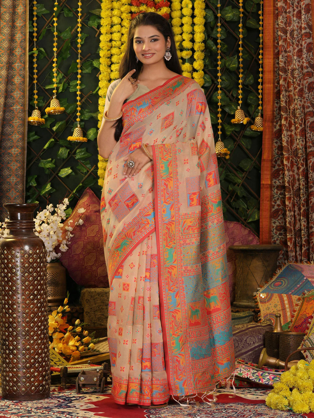 Minimalist off-white linen cotton saree with matching blouse, perfect for versatile styling.