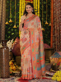 Minimalist off-white linen cotton saree with matching blouse, perfect for versatile styling.