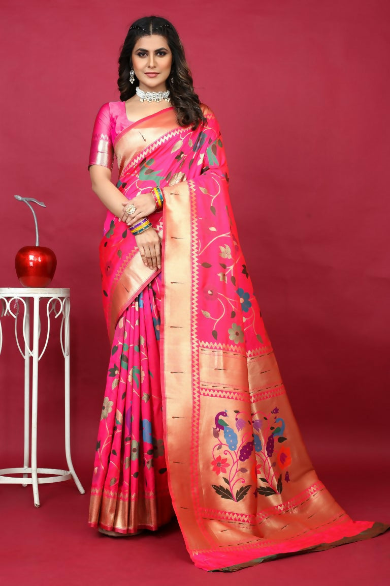 Charming pink Paithani silk saree with Zari woven detail and matching blouse