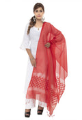 Red Kota cotton dupatta with detailed Buta work, draped elegantly