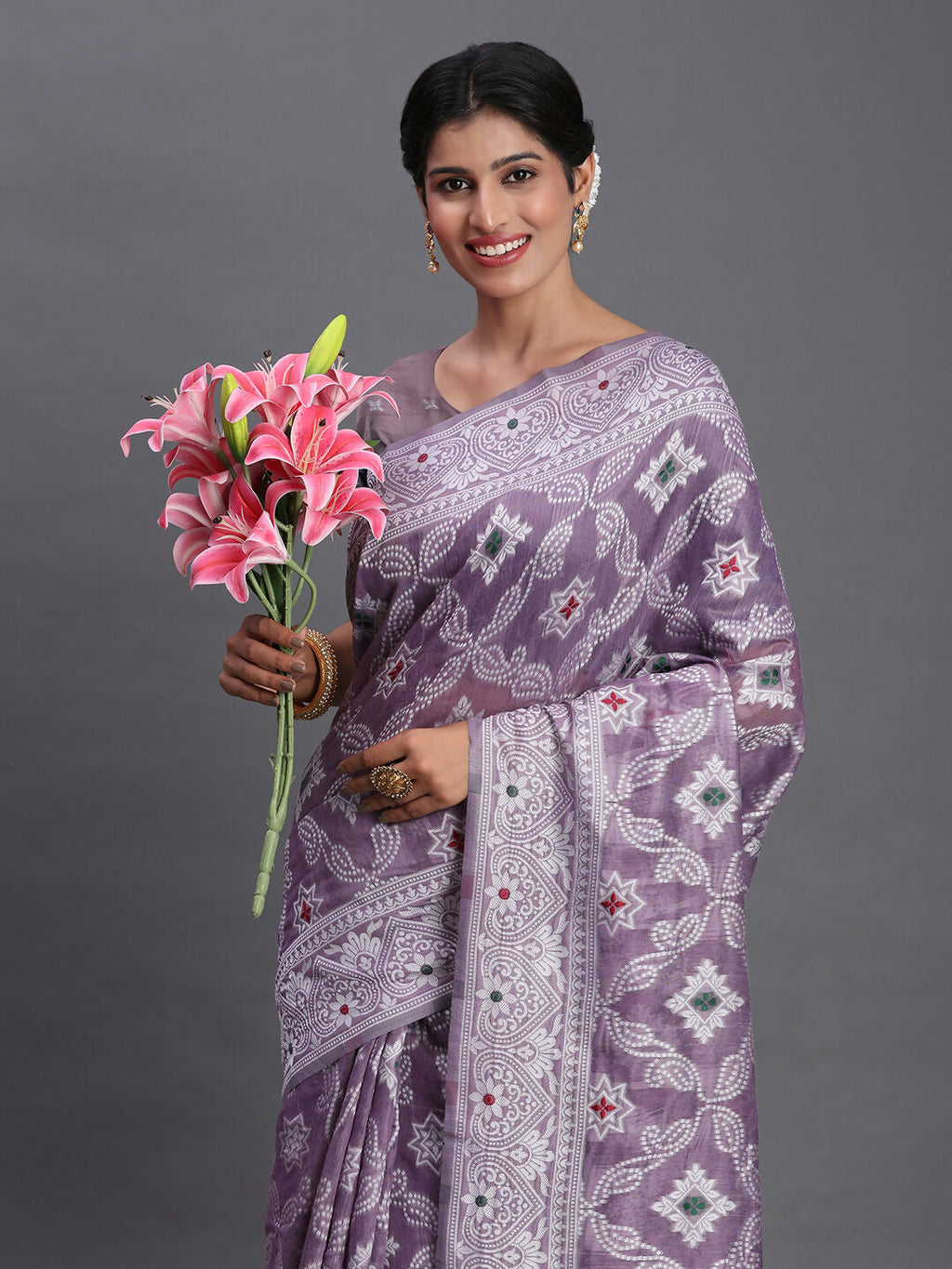 Violet Linen Cotton Saree with Traditional Ethnic Patterns