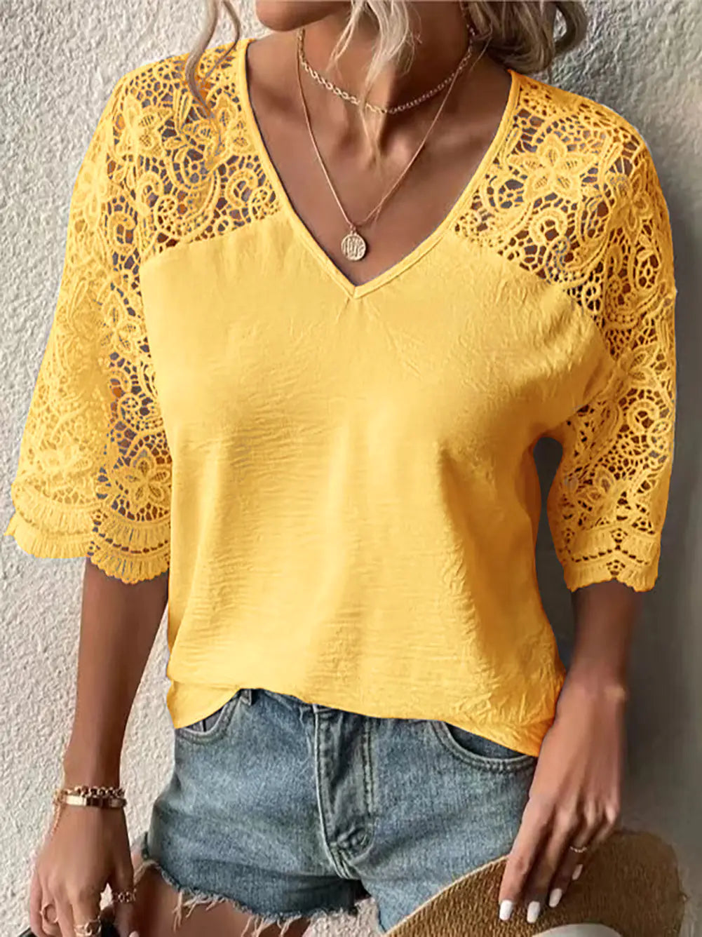 Women's V-Neck Lace Sleeve Blouse Casual Summer Top - Image 5