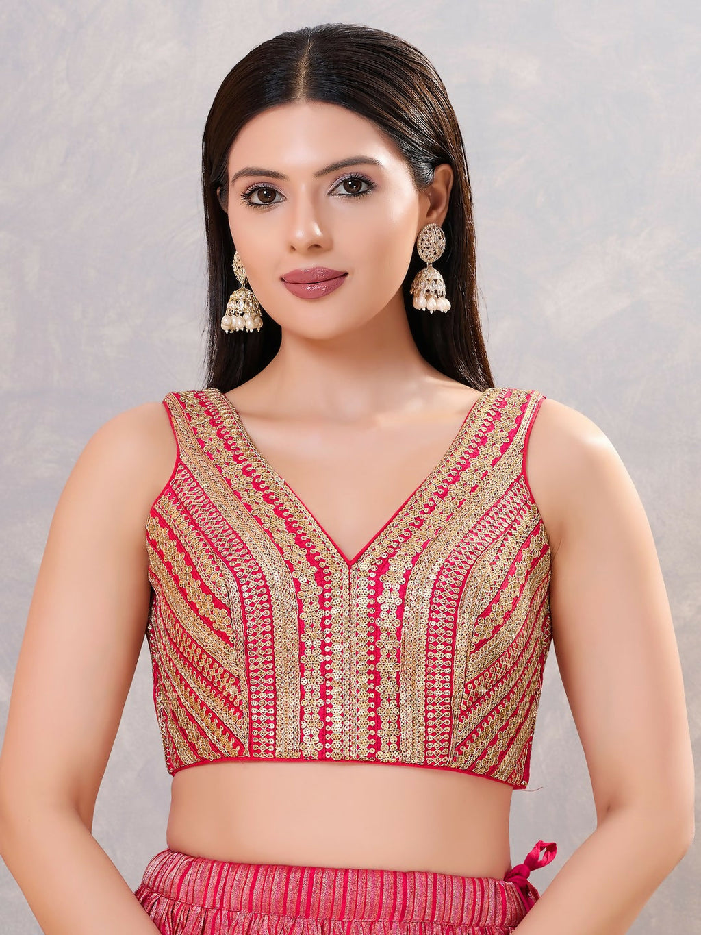 Dark-pink sequin stitched blouse for women