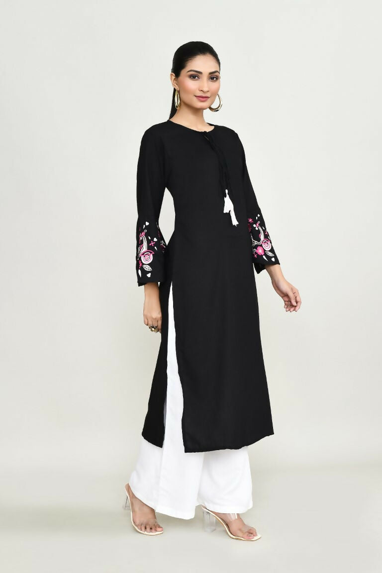 Women's Black Rayon Kurta Set with Matching Trousers