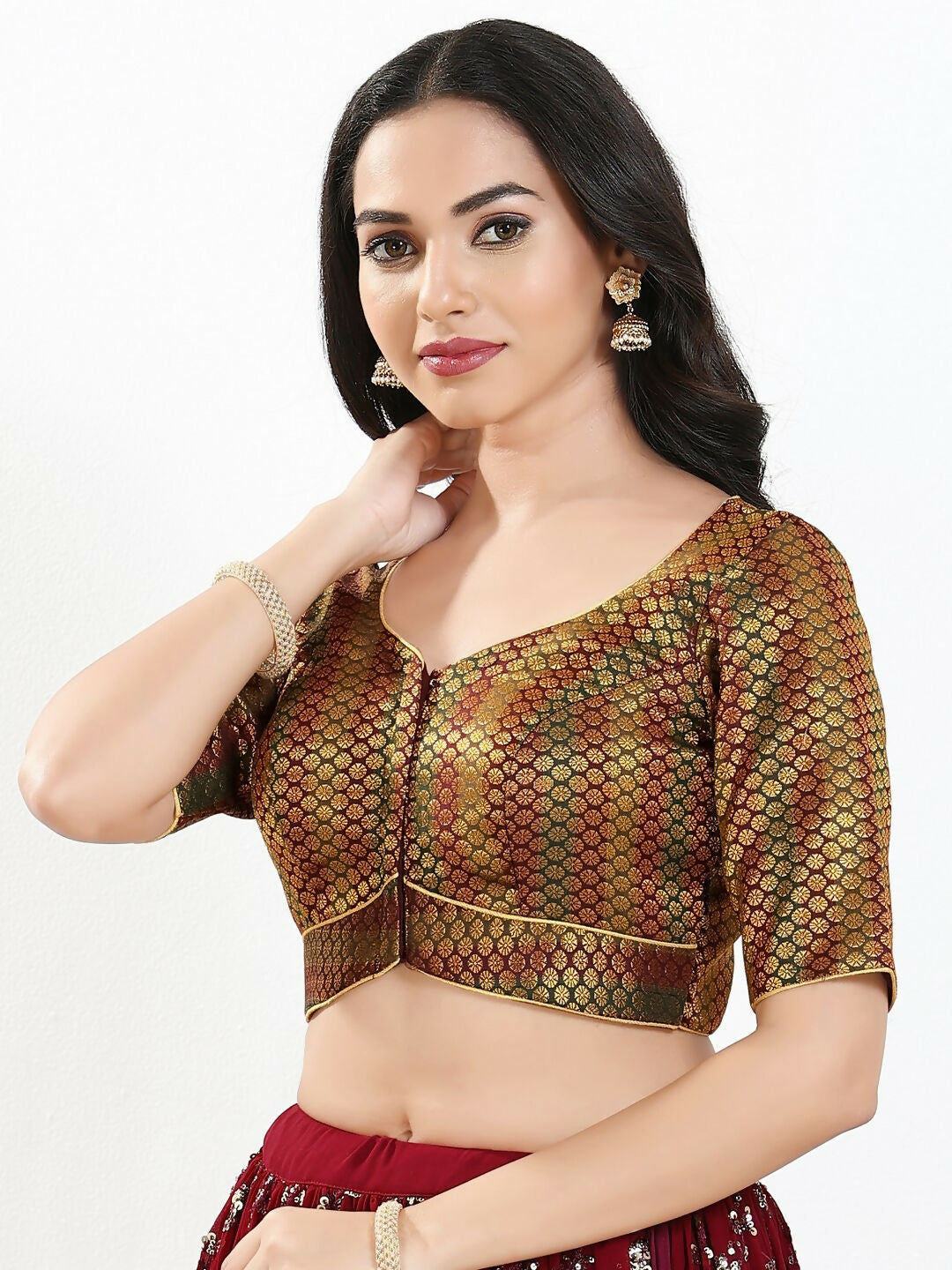 Dark Maroon Brocade Padded Blouse with Sweetheart Neck