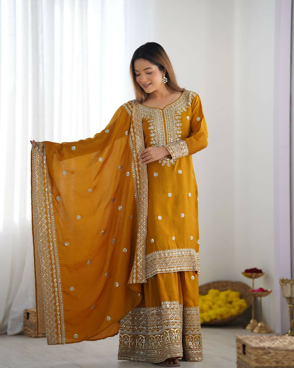 Mustard Silk Kurta Set with Sequins, Zari & Thread Embroidery