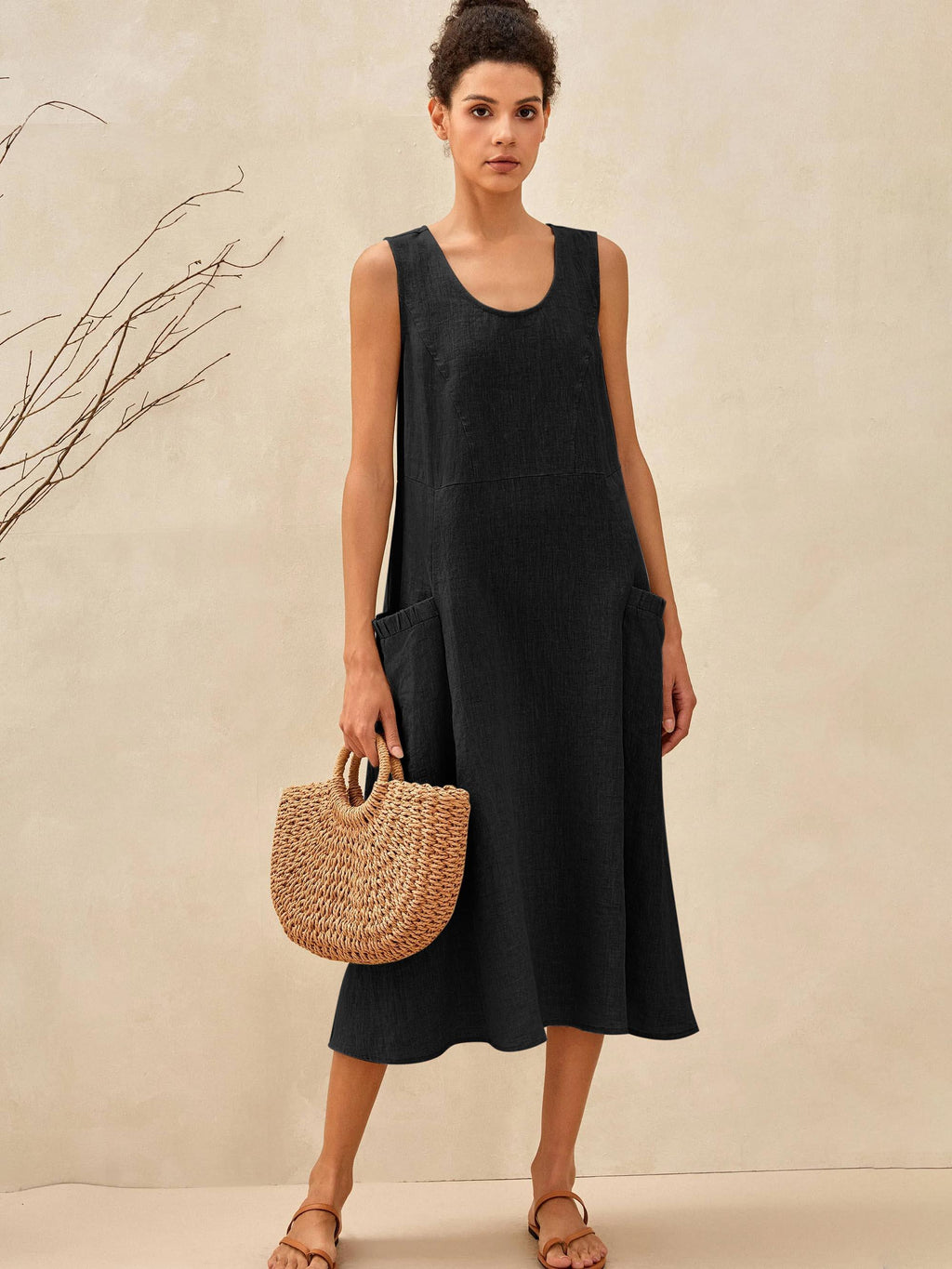 100% Linen Scoop Neck Swing Beach Maxi Dress - Sleeveless