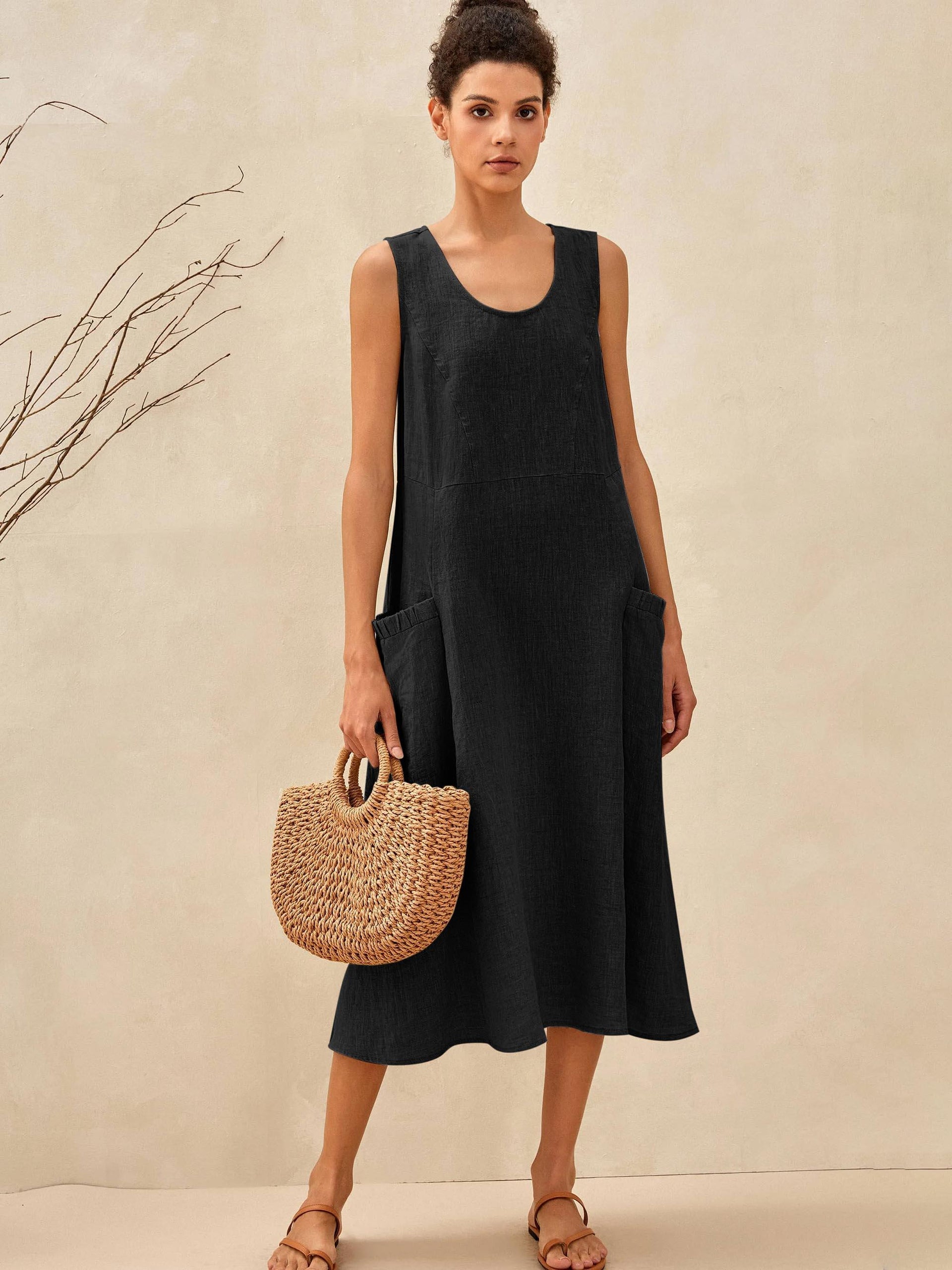 100% Linen Scoop Neck Swing Beach Maxi Dress - Sleeveless