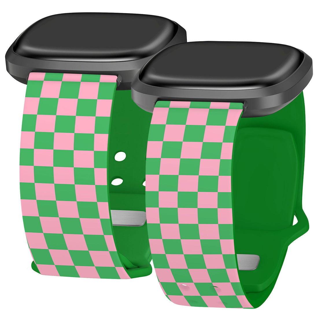 Close up of a green and pink checkered watch band attached to a Fitbit smartwatch