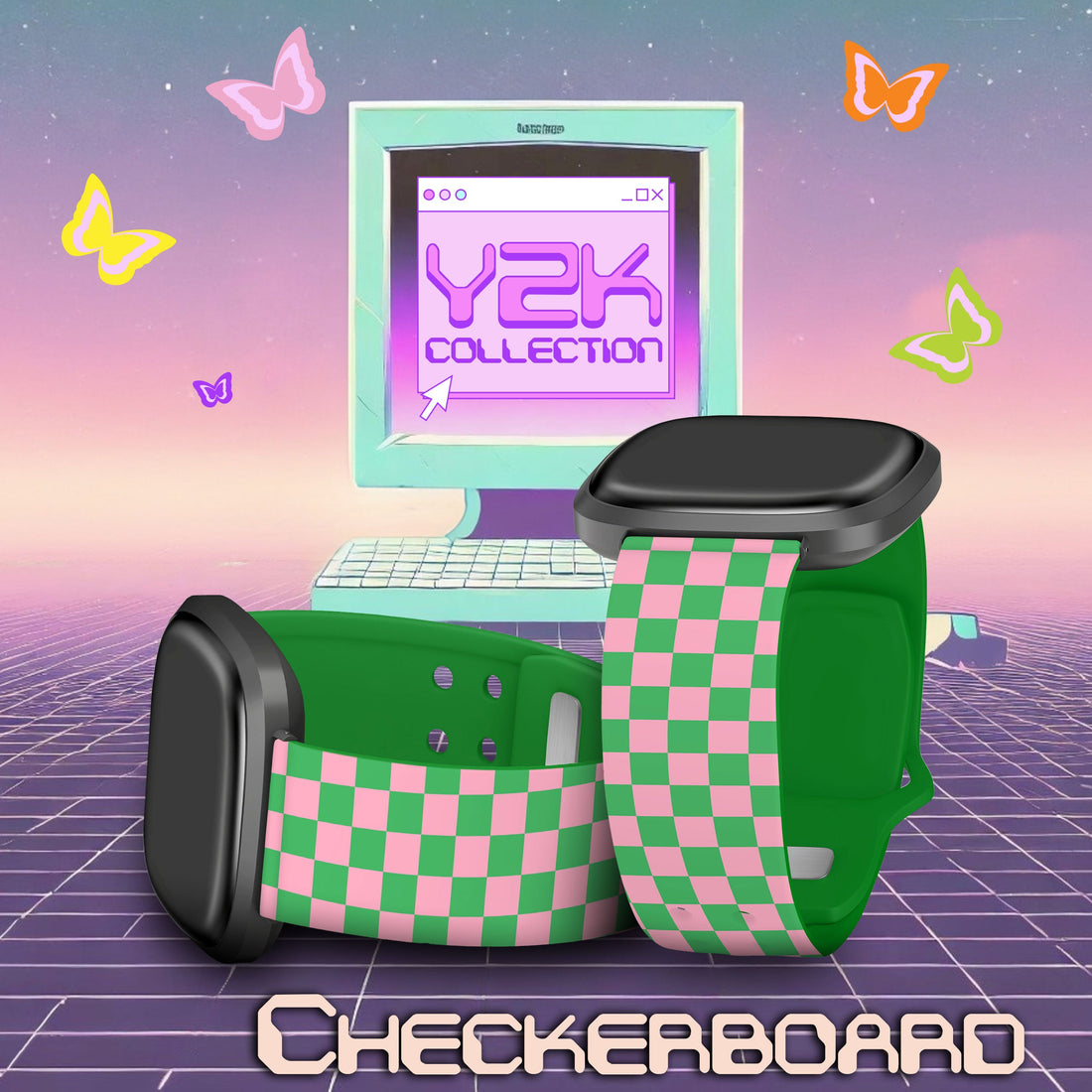 Y2K Checkered Print Watch Band for Fitbit Versa 3 and Sense 1