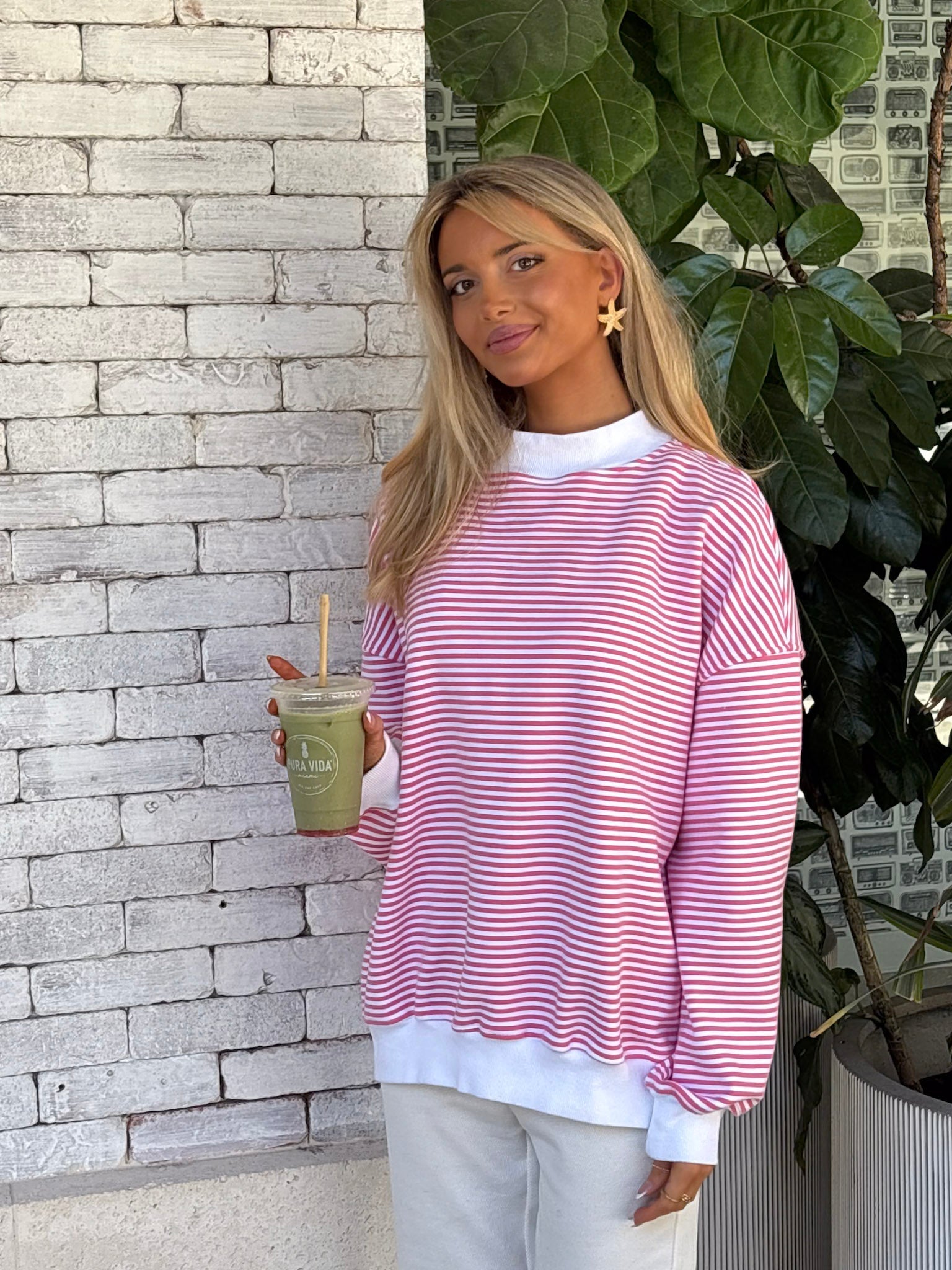 Dark Pink and White Big Striped Mockneck Sweatshirt Unisex