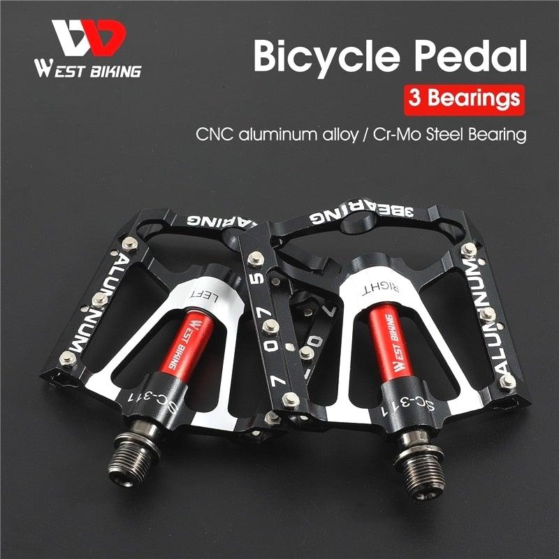 Close-up of ultralight wide platform bicycle pedals with sealed bearings