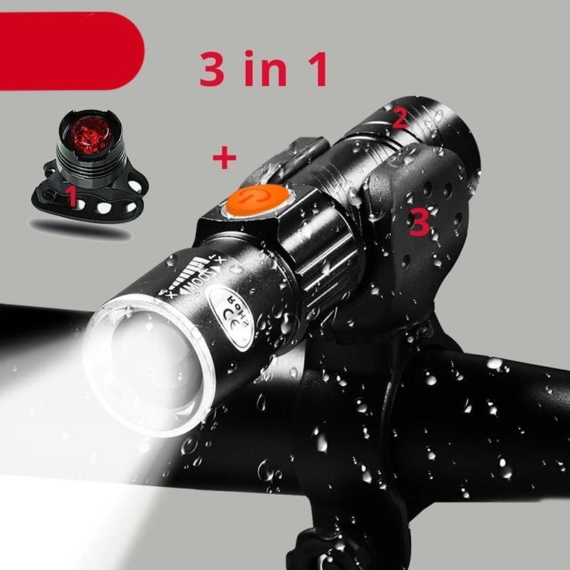 8000 Lumen USB LED bicycle headlight set with zoom capability