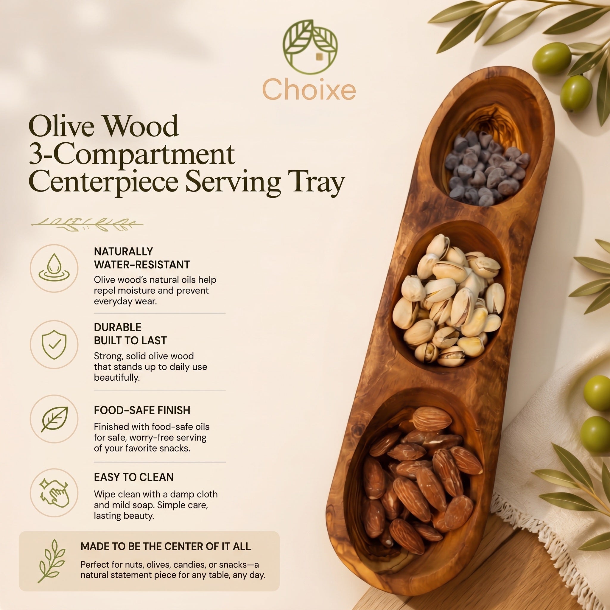 Olive Wood 3-Compartment Centerpiece Serving Tray